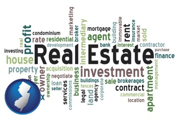real estate concept words with New Jersey map icon
